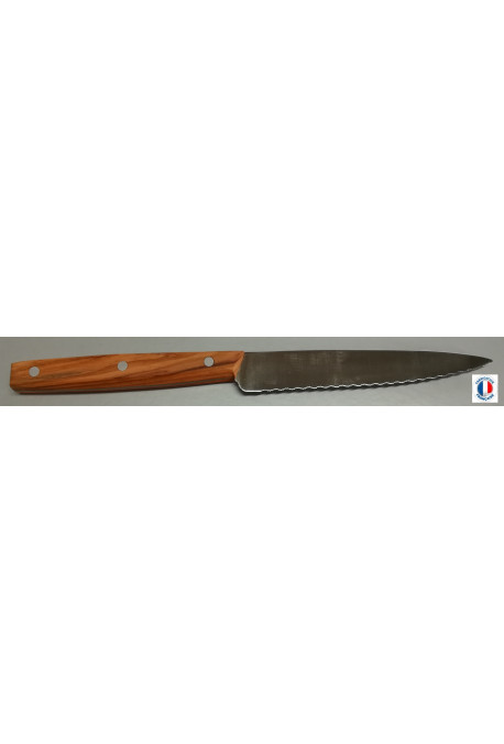 Couteau d'office 10cm lame microdentée manche en bois d'Olivier Poids : 0.055kg